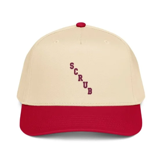 Cream and red 5 panel cap with the burgundy SCRUB wordmark embroidered on the front