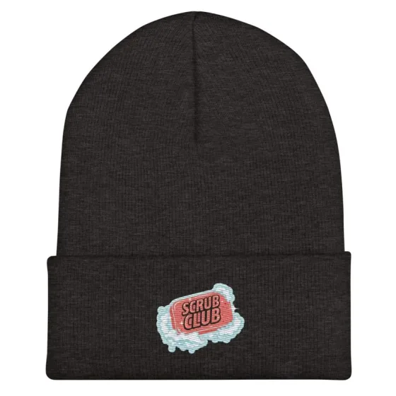 Dark heather gray cuffed beanie with the Scrub Club soap bar logo embroidered on the cuff